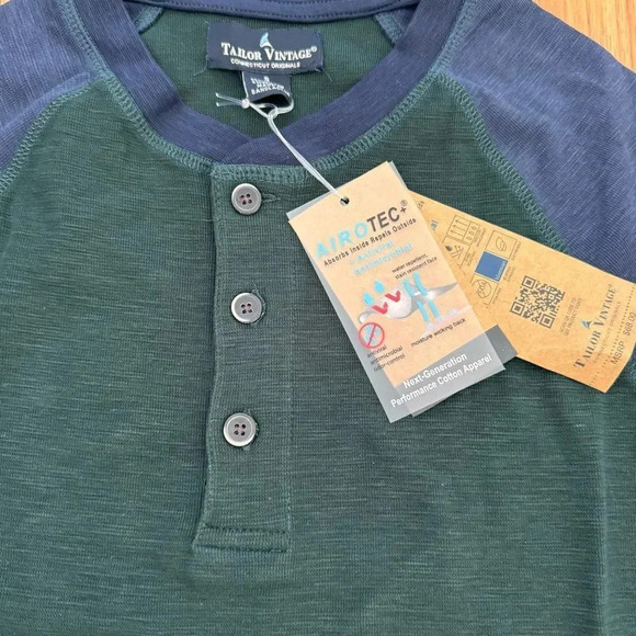 Tailor Vintage Navy Blue Green Shirt Top Tee Long Sleeve Buttons Airotec S NWT - Picture 6 of 9